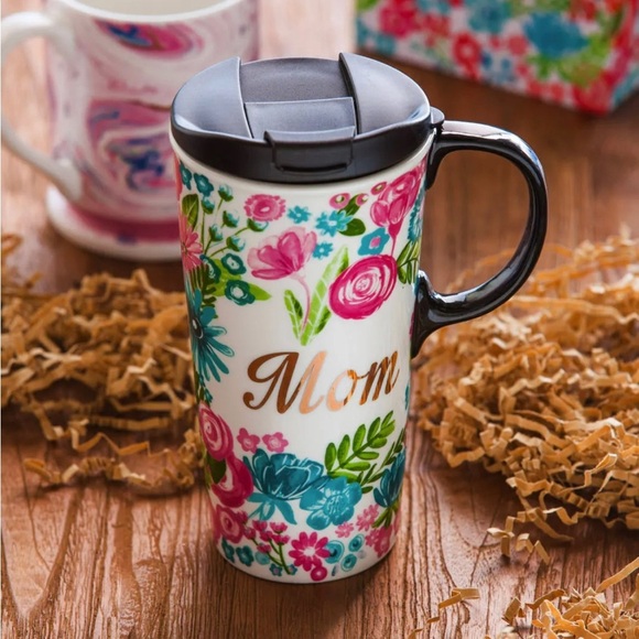 BNIB Evergreen Mom Floral Metallic Ceramic Travel Cup with Lid Mothers Day Gift - Picture 2 of 7